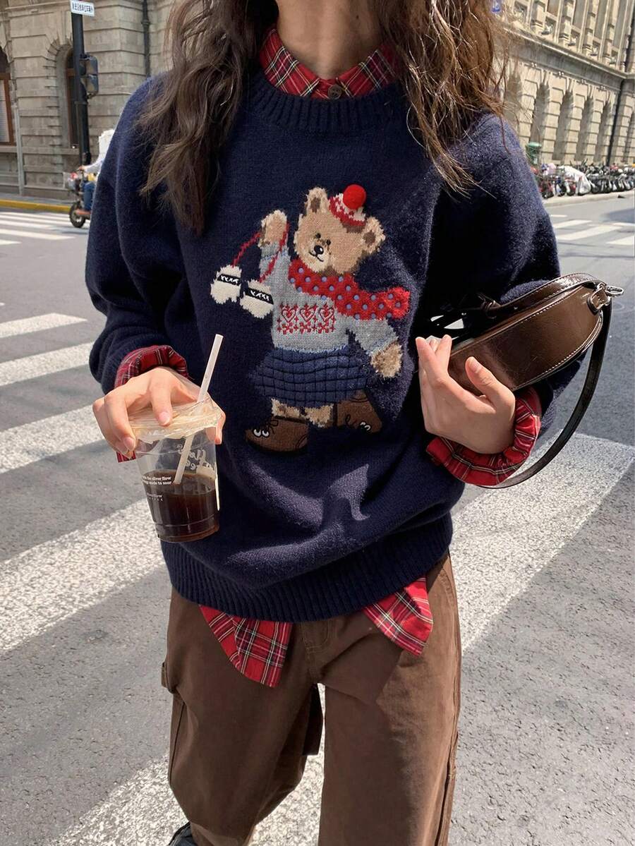 女士休闲超大号熊图案落肩长袖毛衣,秋冬,长袖上衣 - 藏蓝色 - 查看 1