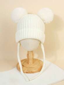1 pieza Gorro de punto con doble pompón lindo para protección de orejas para bebé de 2-3 años, cálido para uso diario en otoño/invierno - 1PC - Ver 4