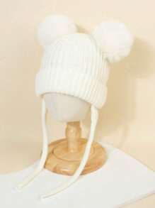 1 pieza Gorro de punto con doble pompón lindo para protección de orejas para bebé de 2-3 años, cálido para uso diario en otoño/invierno - 1PC - Ver 1