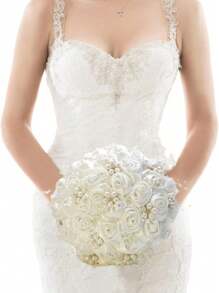 1PC White Wedding Bouquet For Bridal With Rhinestone Brooch Satin Holding Toss Artificial Flowers Bouquet For Bride Bridesmaid Quinceanera Handmade Satin Rose Bridal Bouquet Stunning Wedding Bouquets - 白色 - 查看 2