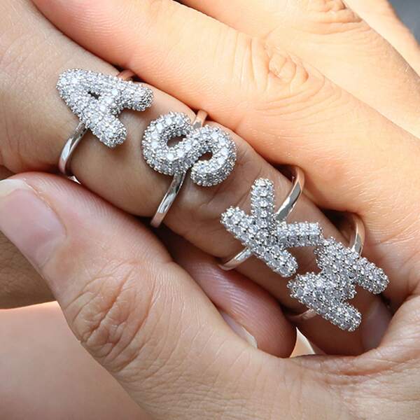 1 peça Novo e Elegante Anel de Dedo com 26 Letras em Zircônia Cúbica Revestido de Prata, Joias da Moda Feminina, Anéis de Casamento com Letra Inicial