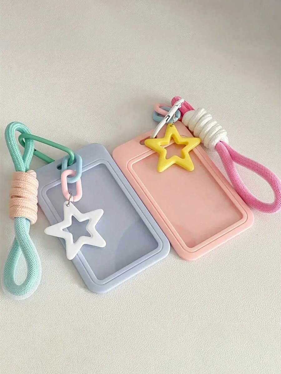 Paquete de tarjeta de estudiante para niñas, colorida, con forma de estrella, bandolera de plástico con llavero de cuerda, tarjeta de campus, tarjeta de estudiante, tarjetero, billetera, tarjetero de visita, tarjetero de crédito, tarjetero de identificación, billetera para mujer - Multicolor - Ver 1