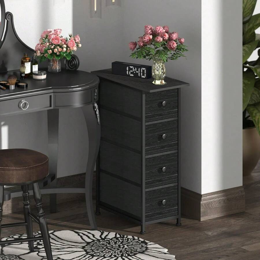 Vertical Slim Dresser Chest Of Drawers Skinny Storage Tower For Small Spaces Gaps Closet Bedroom Bathroom Small Fabric Drawer Unit (Charcoal Black, 4 Drawers) - 炭黑 - 查看 1