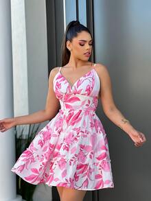 Short Spring Dress With Thin Straps And Printed Foreign Fashion - Màu Hồng baby - Xem 2