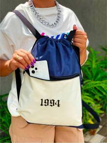 Mochila Saco Nylon 1994 Academia Esportiva Gym Bag Fitness Unissex Cordão Preto Sack Outline Nylon Resistente Sacochila - Bege - Visão 1