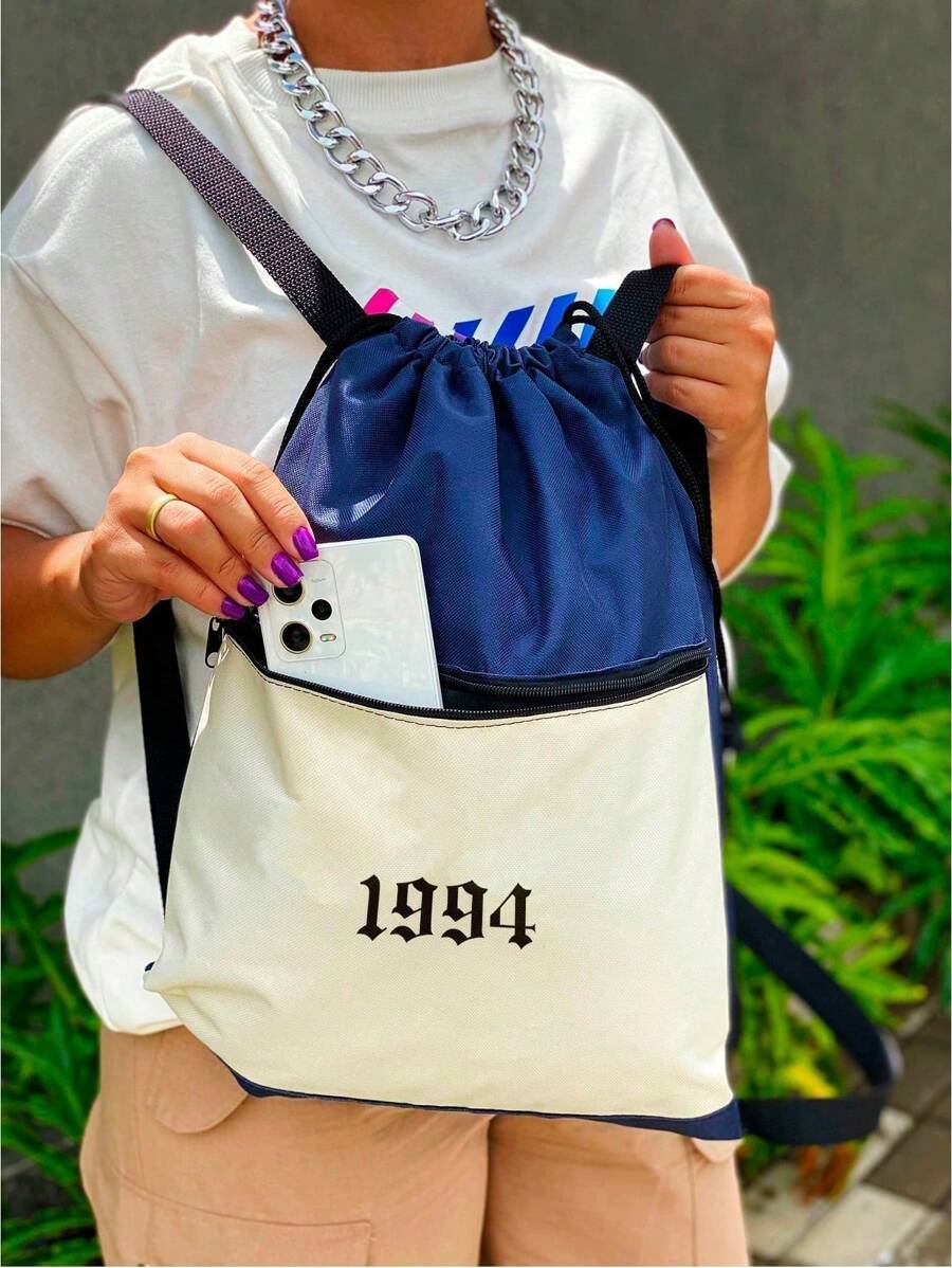 Mochila Saco Nylon 1994 Academia Esportiva Gym Bag Fitness Unissex Cordão Preto Sack Outline Nylon Resistente Sacochila - Bege - Visão 1