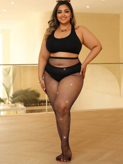 1pc Plus Size Women Gothic Style Rhinestone Decorated Elastic Black Fishnet Tights, Suitable For Clubbing, Dancing And Everyday Wear