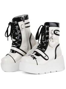 Womens Goth Ankle Boots Platform Chunky High Heel Lace Up Zipper Round Toe Combat Boots - trắng - Xem 1