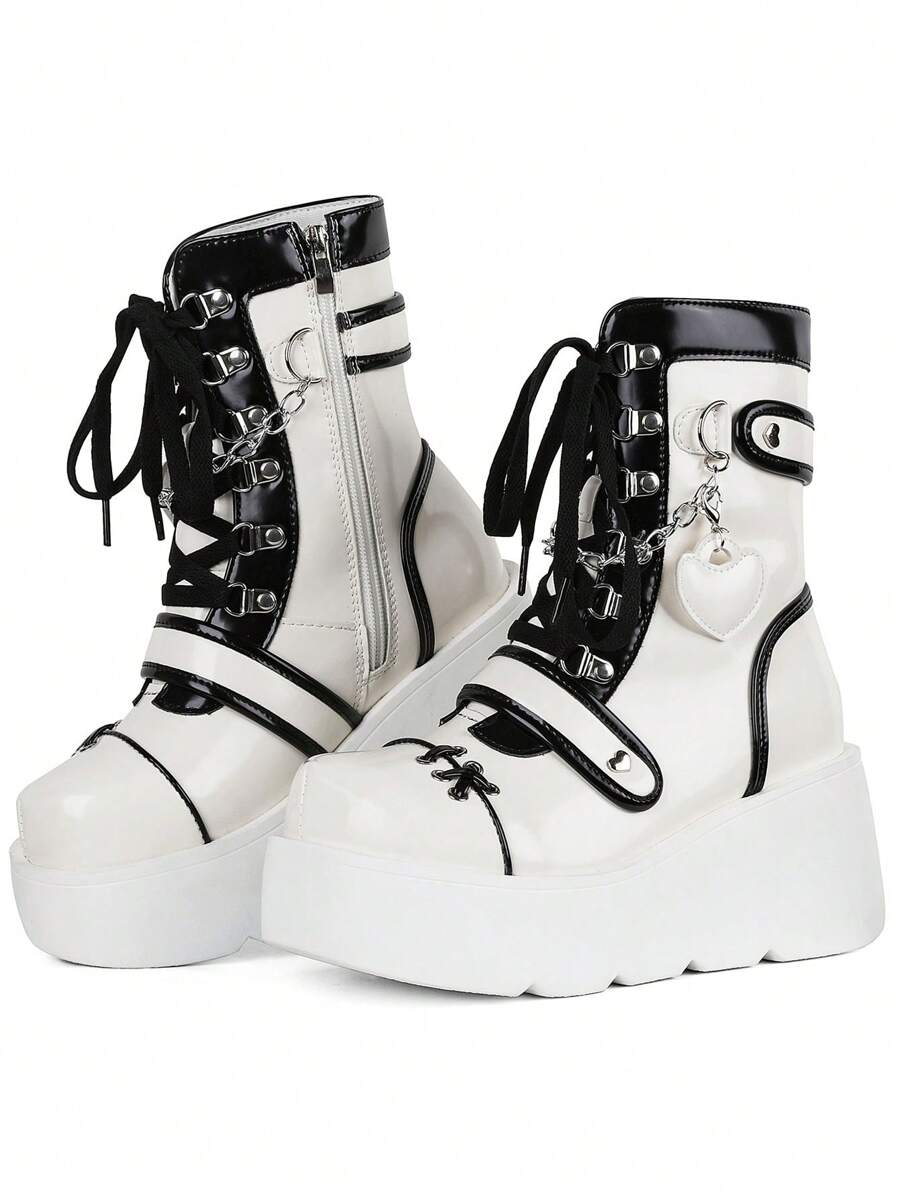 Womens Goth Ankle Boots Platform Chunky High Heel Lace Up Zipper Round Toe Combat Boots - trắng - Xem 1