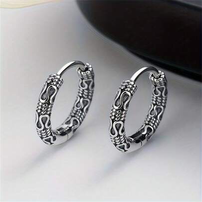 SeuSuk 1 Pair Vintage Punk Asymmetrical Pattern Carved Copper Hoop Earrings, Suitable As Jewelry Gift For Men