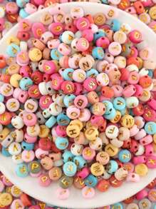 200颗4x7毫米亚克力小字母珠，圆形字母珠，彩色亚克力带金色字母，用于珠宝制作，字母珠，夏季，学校用品 - 彩色 - 查看 11