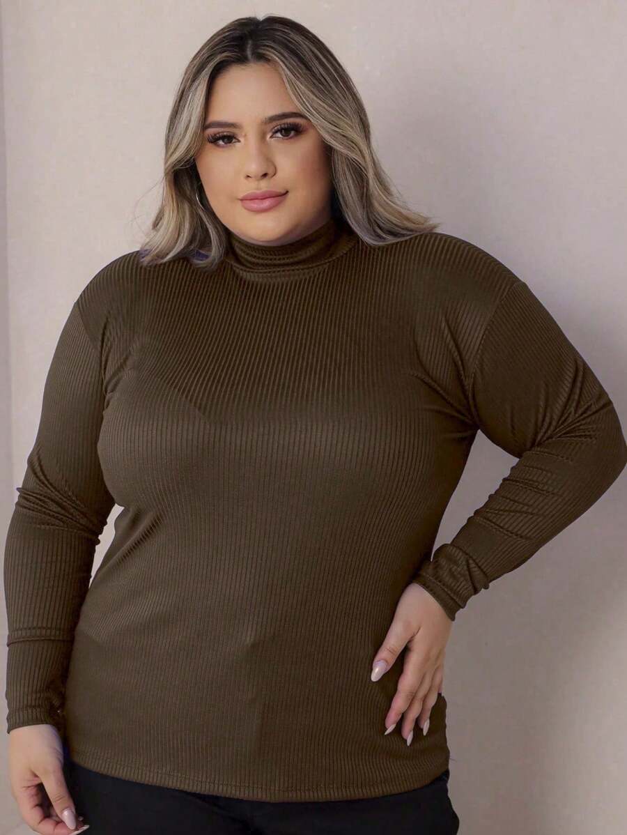 Long Sleeve Plus Size Blouse High Neck Blouse Cacharrel Women's Second Skin Ribbed Second Skin - Màu nâu Sô-cô-la - Xem 1