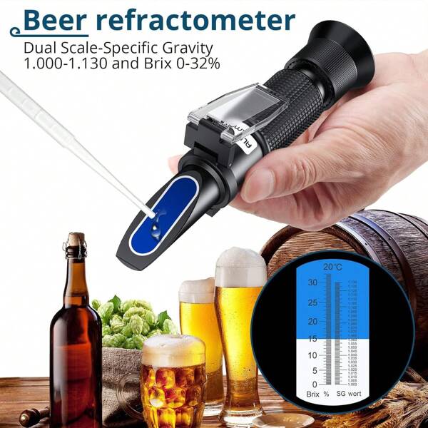 Bier Refraktometer 0–32% Brix Refraktometer für die Bierherstellung mit automatischer Temperaturkompensation und zwei Skalen, Würzegewicht 1,000–1,130 für Bier- und Weinbrauer