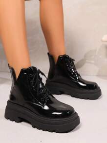 女士系带厚底靴 2024 秋季新款单只黑色踝靴 适合娇小