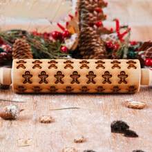 1pc Wooden Christmas Embossed Rolling Pin, Christmas Deer, Snowflakes, Snowman, Xmas Bells, Canes, Ice Boots Pattern Xmas Cookie Mold For Baking Tools Christmas Decorations Christmas Decor Christmas Gifts Christmas Party Supplies
