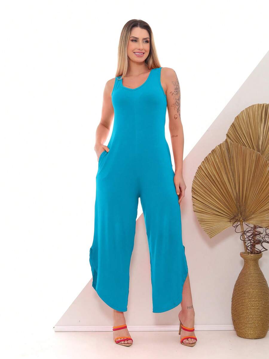 AME MODAS Long Tank Top Jumpsuit With Pocket For Women - 薄荷藍 - 查看 1