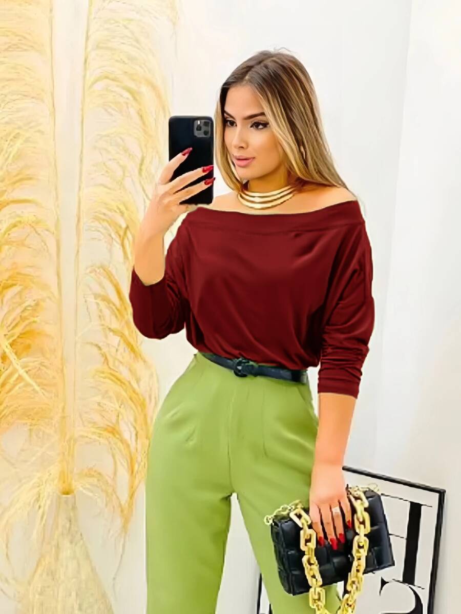 Women's Suplex Simple Long-Sleeved  Blouse For Winter - Burgundy - View 1