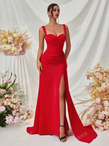 ADYCE Heavy Embroidered Formal Dress With Wide Straps, Draped Side Slit & Open Back For Party/Gala, Elegant Evening Gown, For Wedding Guest, Graduation, Dinner