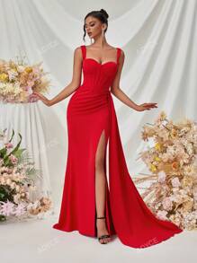 ADYCE Heavy Embroidered Formal Dress With Wide Straps, Draped Side Slit & Open Back For Party/Gala, Elegant Evening Gown, For Wedding Guest, Graduation, Dinner