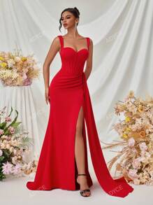 ADYCE Heavy Embroidered Formal Dress With Wide Straps, Draped Side Slit & Open Back For Party/Gala, Elegant Evening Gown, For Wedding Guest, Graduation, Dinner