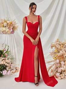 ADYCE Heavy Embroidered Formal Dress With Wide Straps, Draped Side Slit & Open Back For Party/Gala, Elegant Evening Gown, For Wedding Guest, Graduation, Dinner