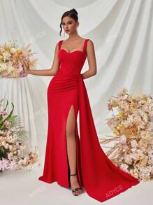ADYCE Heavy Embroidered Formal Dress With Wide Straps, Draped Side Slit & Open Back For Party/Gala, Elegant Evening Gown, For Wedding Guest, Graduation, Dinner