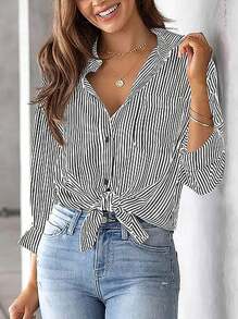 Women's Long Striped Long Sleeve Shirt - Black - View 7