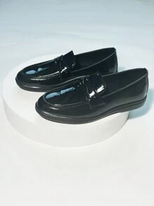 Women's Classic Black Mirror Loafers, All-Season Fashion Leather Casual Flat Shoes, Versatile Style - Bright Black - View 9