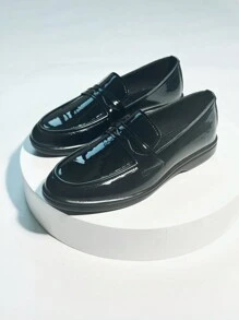 Women's Classic Black Mirror Loafers, All-Season Fashion Leather Casual Flat Shoes, Versatile Style - Bright Black - View 3