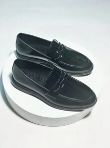 Women's Classic Black Mirror Loafers, All-Season Fashion Leather Casual Flat Shoes, Versatile Style - Bright Black - View 2