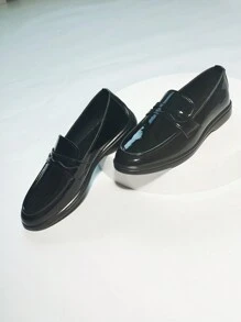 Women's Classic Black Mirror Loafers, All-Season Fashion Leather Casual Flat Shoes, Versatile Style - Bright Black - View 8