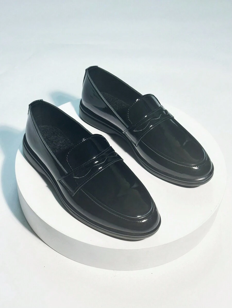 Women's Classic Black Mirror Loafers, All-Season Fashion Leather Casual Flat Shoes, Versatile Style - Bright Black - View 1