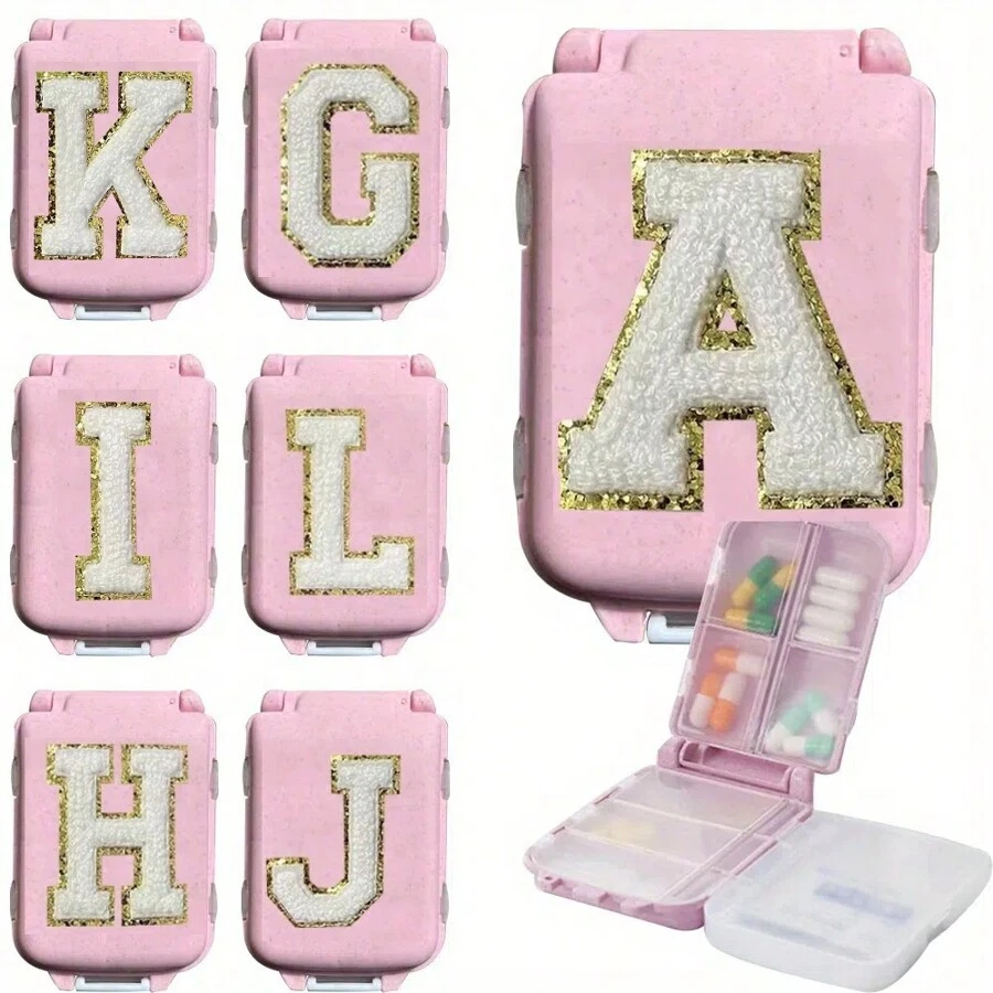 个性化雪尼尔字母药丸收纳盒 - 8 隔层维生素和药物旅行盒，安全便携，适合放入口袋或包中，是理想的每日药量储存，时尚旅行配件 - 粉色 - 查看 1