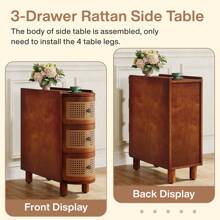 Tribesigns Solid Wood End Table, 3-Drawer Rattan Side Table, Night Stand With 3 Rattan Drawers And Exquisite Embossed Handles For Living Room, No Assembly Required (Walnut & Oak - Walnut - View 6