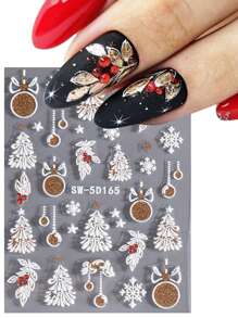 2 件装白金圣诞 5D 美甲贴纸闪光全息贴花吊坠气球圣诞树雪花叶 DIY 浮雕美甲用品美甲滑块适合女士女孩 - 彩色 - 查看 3