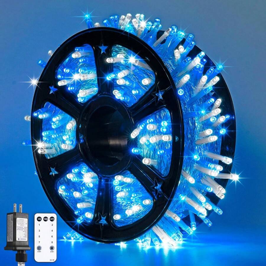 KBO JMEXSUSS Blue And White Christmas Lights Outdoor With Remote, 600 LED String Lights Indoor Clear Wire, 168ft Christmas Fairy Lights Plug In For Bedroom Tree Birthday Party Christmas Decorations - Blue and White - View 1