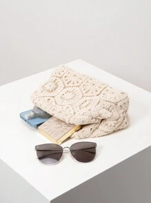 Bolso de mano tejido con diseño floral hueco, embrague minimalista y versátil, bolso de clip bohemio, bolso casual de vacaciones, bolso de maquillaje para fiestas, bolso de playa (patrón aleatorio)