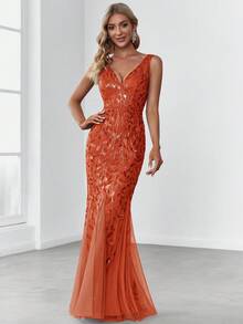 秋季优雅亮片刺绣V领鱼尾闪亮花卉亮片焦橙色舞会晚礼服，适合晚宴、派对、婚礼宾客、正式场合、礼服等。 - 亮橙色 - 查看 4