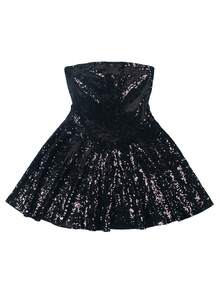 Women's Elegant Sequin Strapless Short Mini Party Dress For Banquet And Gala, Semi Formal Prom Dress, For Birthday, Wedding Guest, Graduation Homecoming - Black - View 3