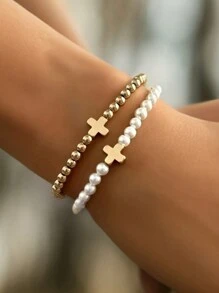 2pcs/Set Black Agate Cross & CCB Bracelet, Gift For Couple Valentines - Multicolor - View 1