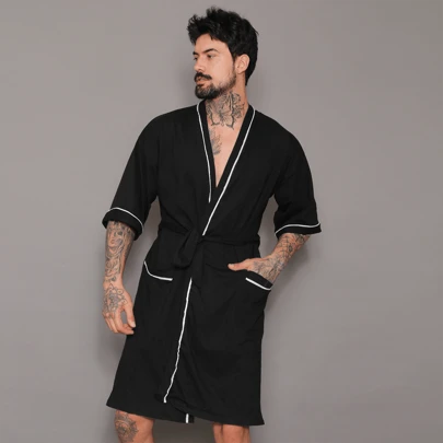 Roupão masculino estilo americano de malha com bolsos