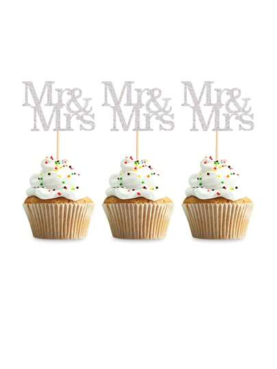 12 pièces Mr. & Mrs. Décorations pour cupcakes avec paillettes dorées, décorations pour cupcakes de mariage, articles de fête pour la douche nuptiale, Noël