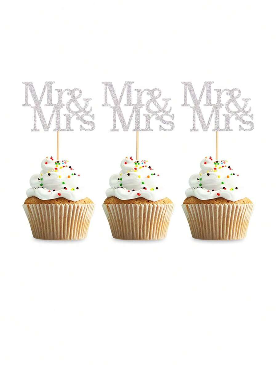 12 chiếc tăm cắm bánh cupcake hình ông bà lấp lánh vàng dùng để trang trí bánh cupcake cho tiệc cưới, tiệc mừng cô dâu, Giáng sinh - Bạc - Xem 1