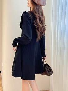 Áo len dệt kim dáng rộng có nút kim loại trang trí thanh lịch cho nữ, mùa Thu/Đông - màu đen - Xem 2