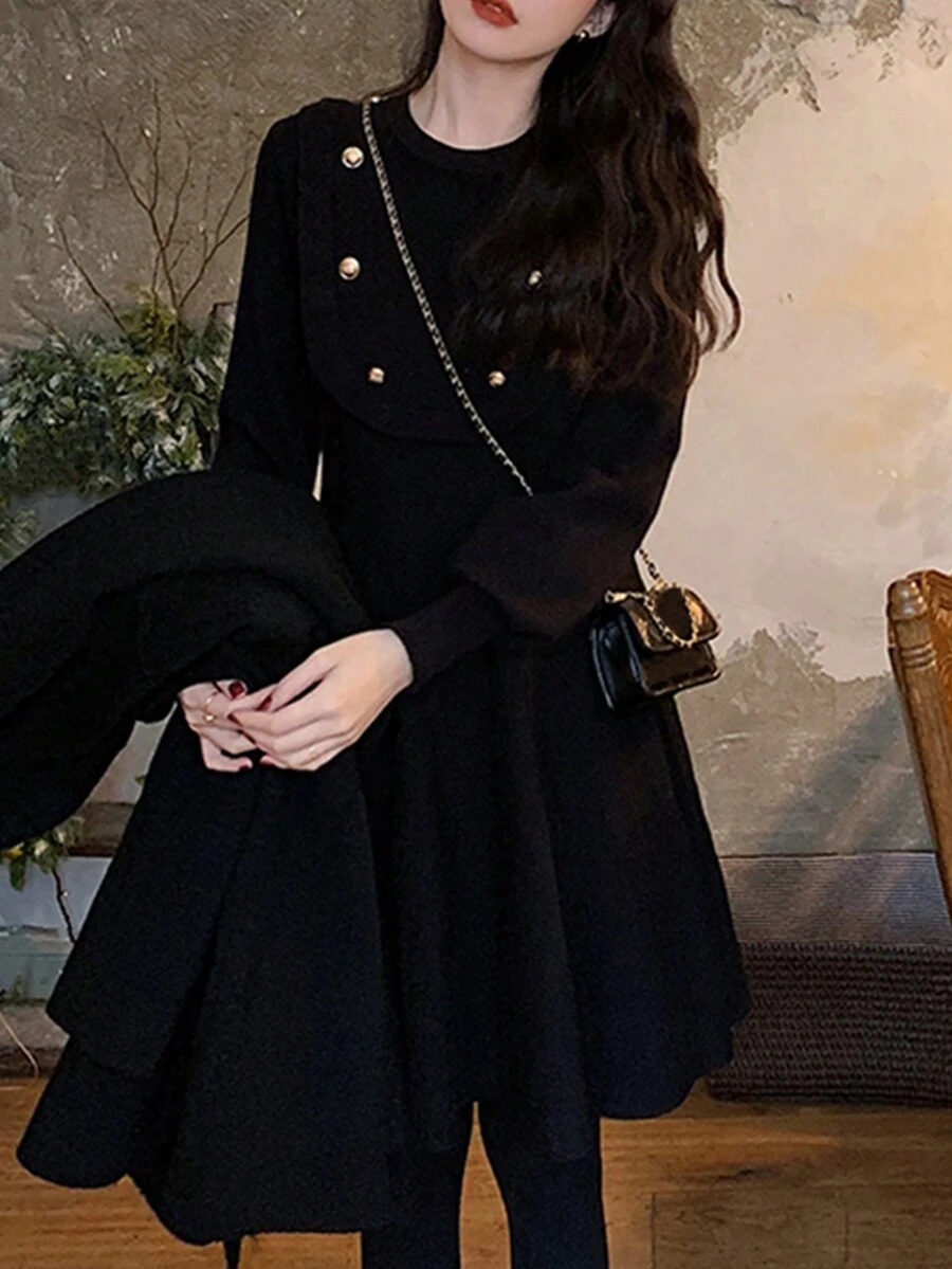 Áo len dệt kim dáng rộng có nút kim loại trang trí thanh lịch cho nữ, mùa Thu/Đông - màu đen - Xem 1