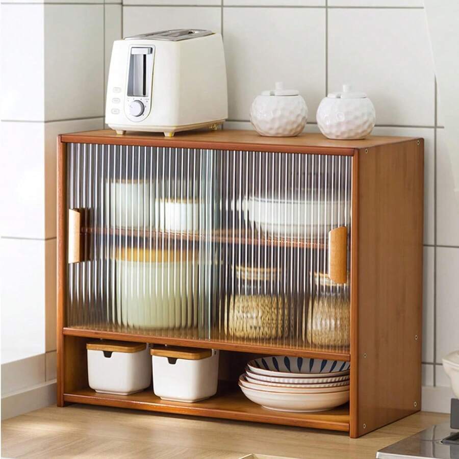 HOHOBLA LOYALHEARTDY-BTG Bamboo Countertop Storage Cabinet With 2 Sliding Striped Glass Doors, Kitchen Cabinet Pantry Sideboard Freestanding Utility Cupboard For Spice Seasoning Bottles, Dish, Bowl (Brown)[Best Gift For Family&Friends] - 卡其色 - 查看 1