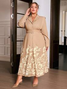 Sollinarry 大码女式春季新款碎花休闲连衣裙，纽扣前襟设计，适合工作场合穿着。 - 卡其色 - 查看 1