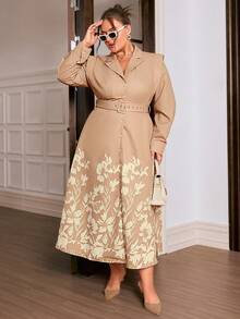 Sollinarry 大码女式春季新款碎花休闲连衣裙，纽扣前襟设计，适合工作场合穿着。 - 卡其色 - 查看 3