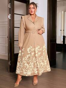 Sollinarry 大码女式春季新款碎花休闲连衣裙，纽扣前襟设计，适合工作场合穿着。 - 卡其色 - 查看 5