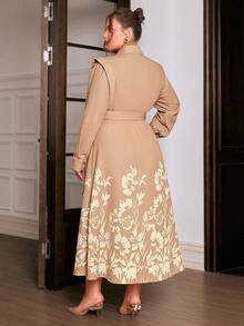 Sollinarry 大码女式春季新款碎花休闲连衣裙，纽扣前襟设计，适合工作场合穿着。 - 卡其色 - 查看 6